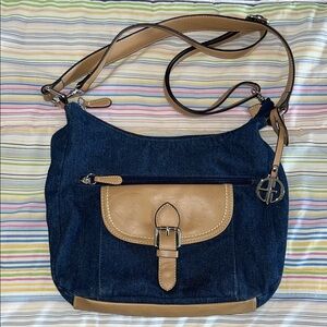 Gianni Bernini Darkwashed Denim and Tan Faux Leather Crossbody Shoulder Bag